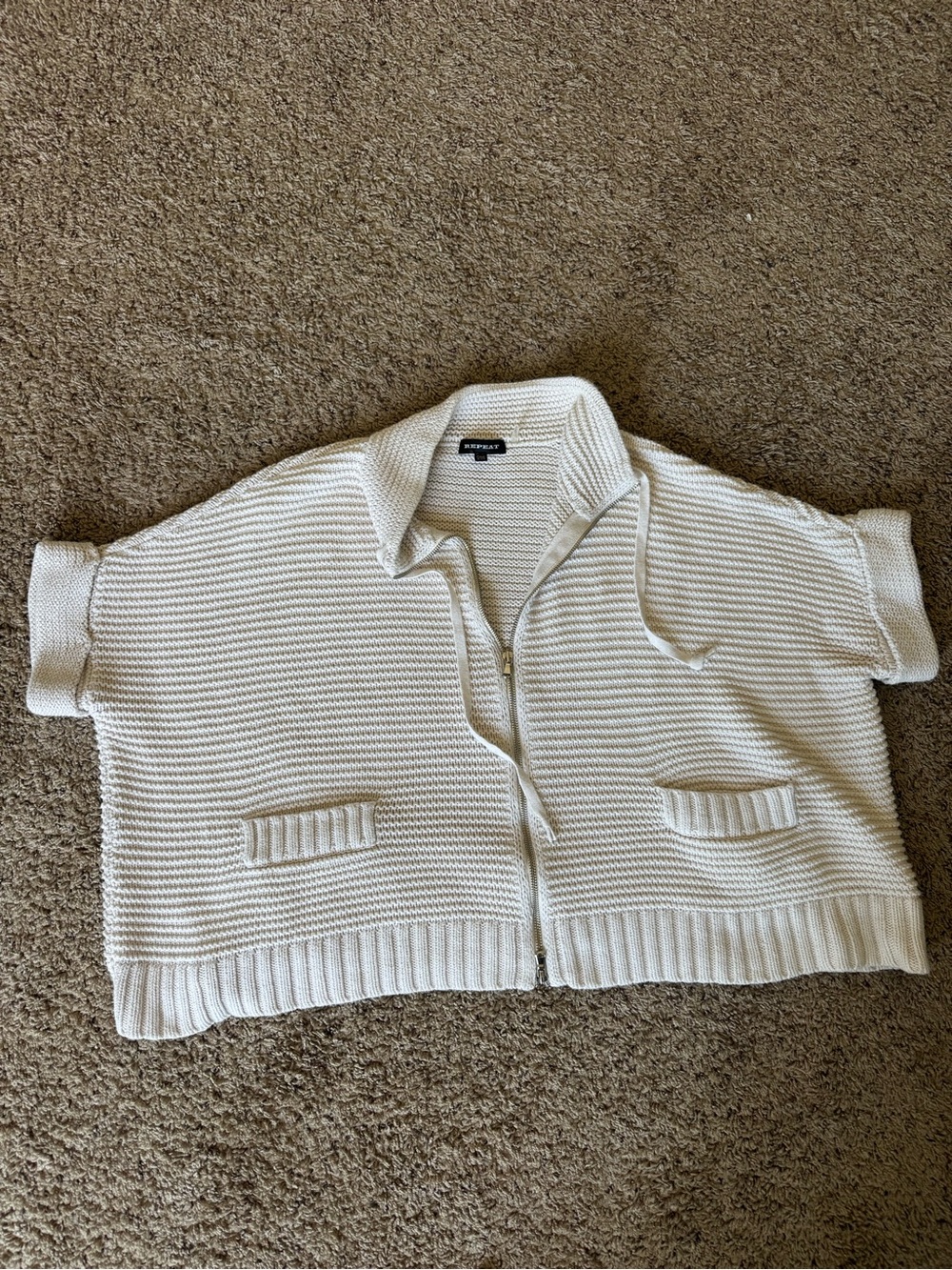 REPEAT Cream Knit Zip-Front Short Sleeve Cardigan O/S